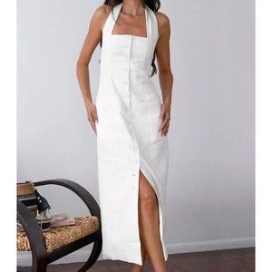 New Hanging Neck Sleeveless Split Hem Midi Dress White Wiholl Size Small S